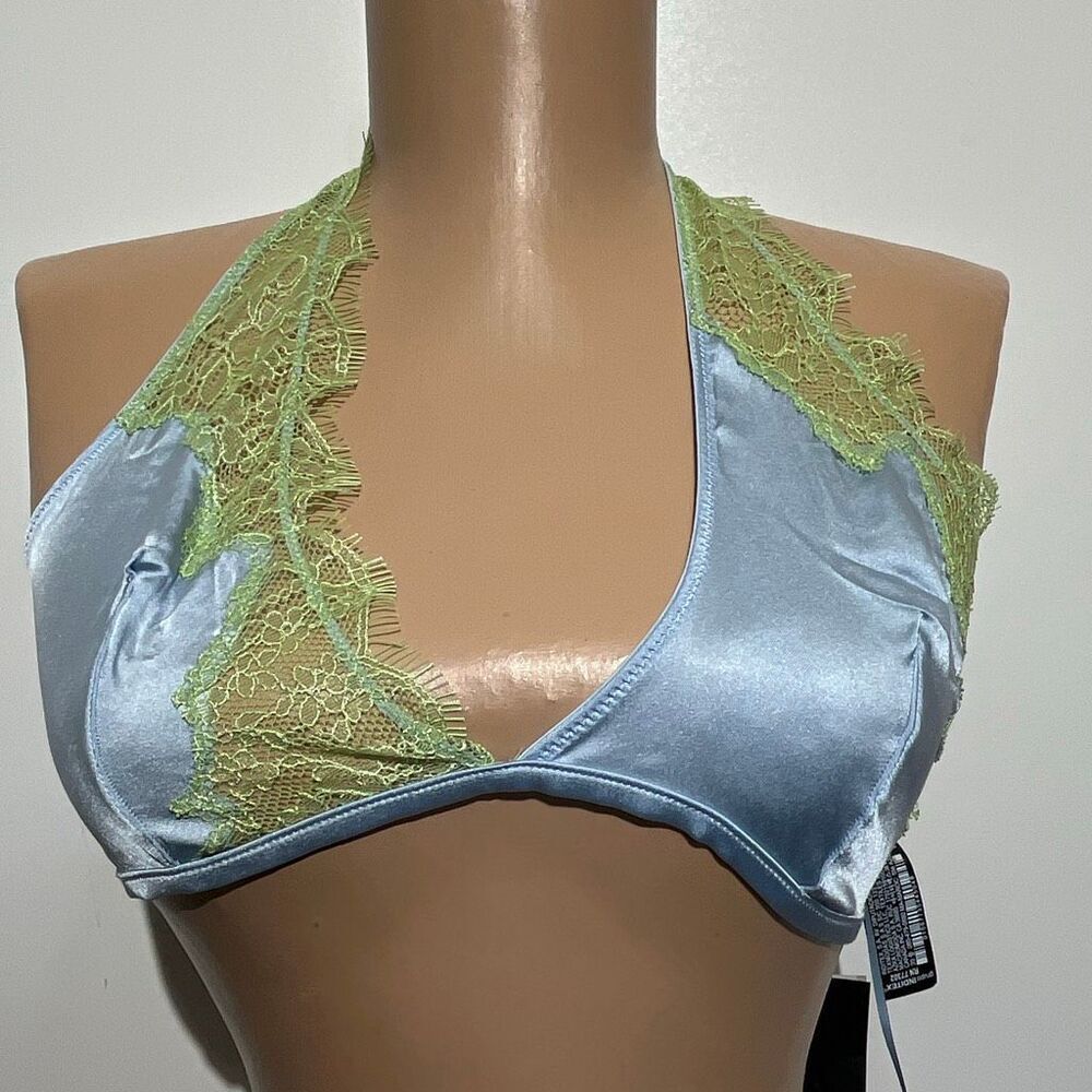 Zara Women's Blue & Green Eyelash Lace Trim‎ Silk Blend Halter Bra Large NWT